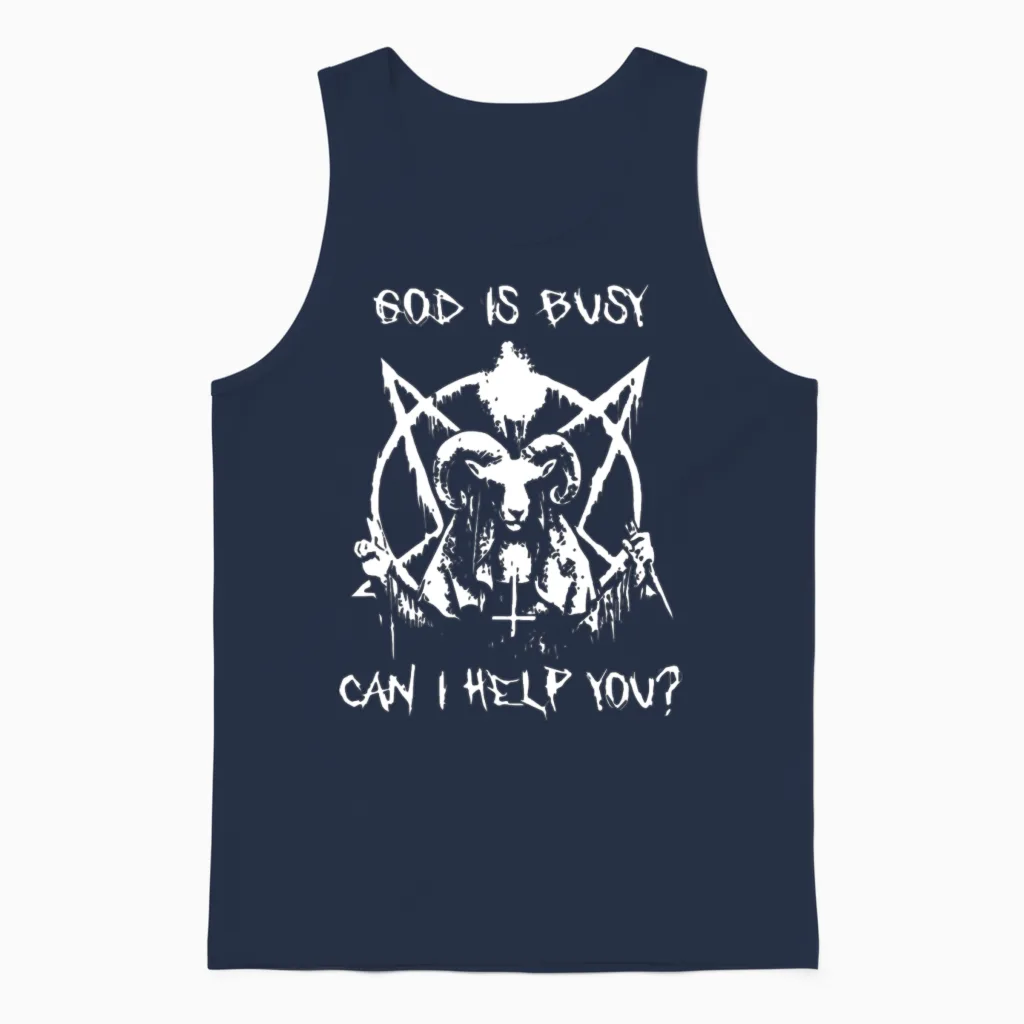 God Is Busy Can I Helo You Viking Unisex Tank Top in Navy