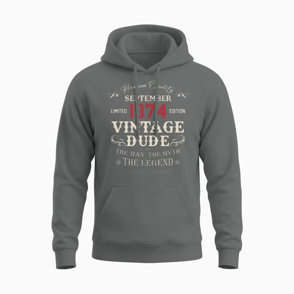 September 1974 Vintage Birthday Present Unisex Hoodie in Graphite Heather