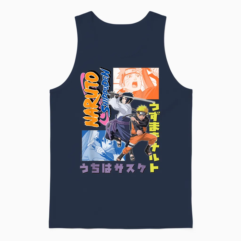 Naruto Shippuden Naruto Sasuke Kanji Collage Anime Unisex Tank Top in Navy