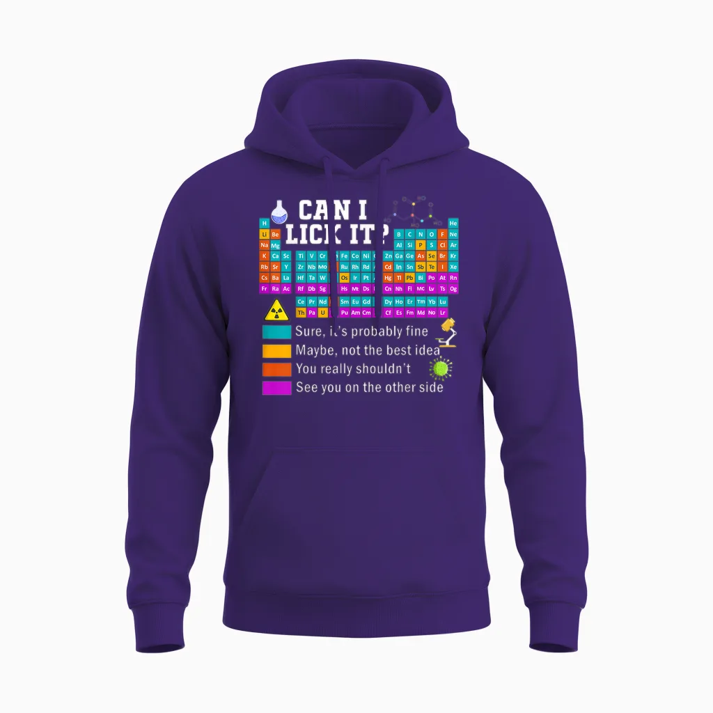 Funny Kids Can I Lick It Periodic Table Unisex Hoodie in Purple