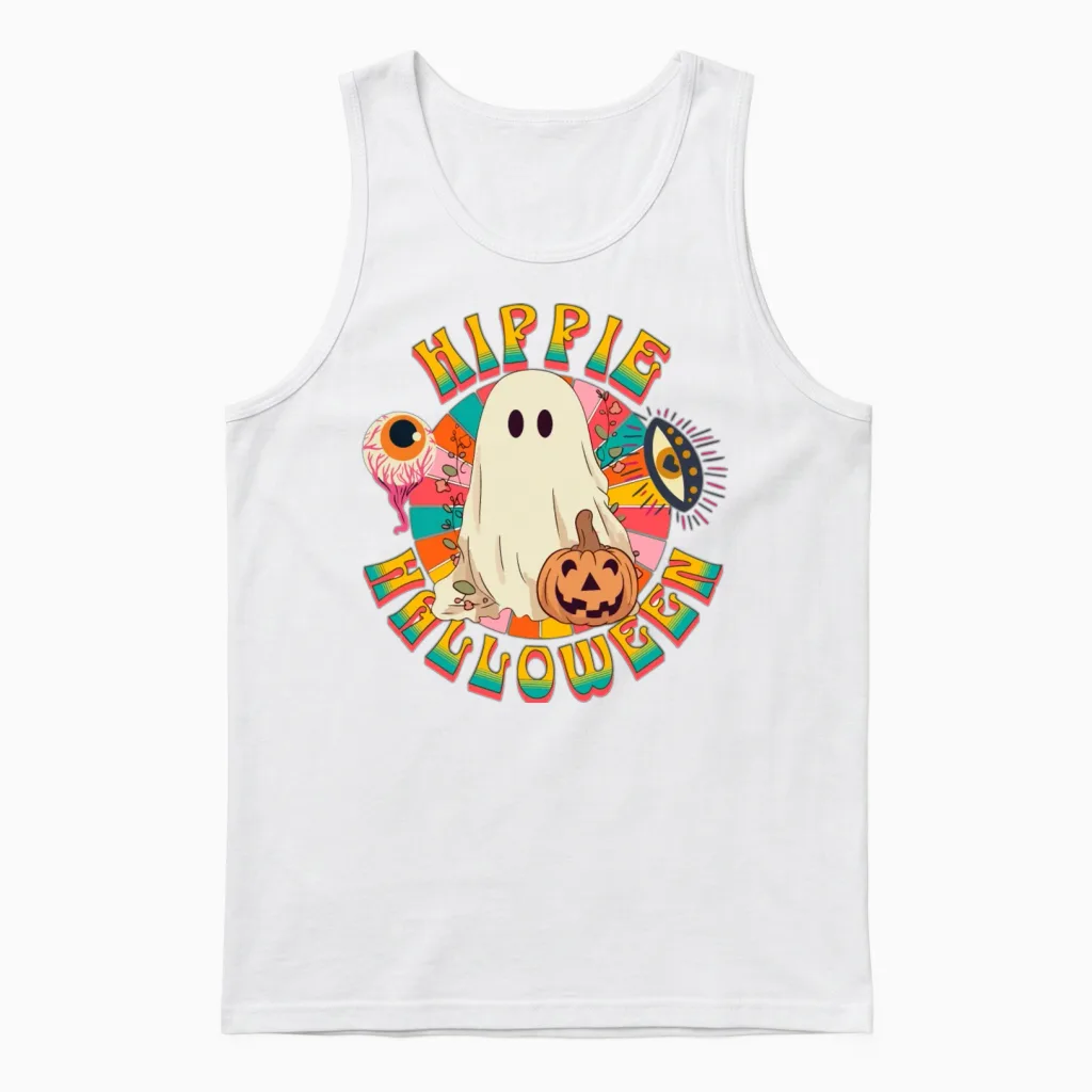 Hippie Halloween, Retro Ghost, Spooky Ghost, Retro Unisex Tank Top in White