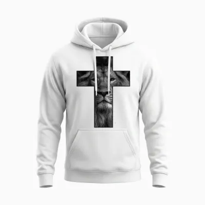 T-Shirt « Faith in God » Avec Motif Tête De Lion Et Croix De Jésus Unisex Hoodie - White