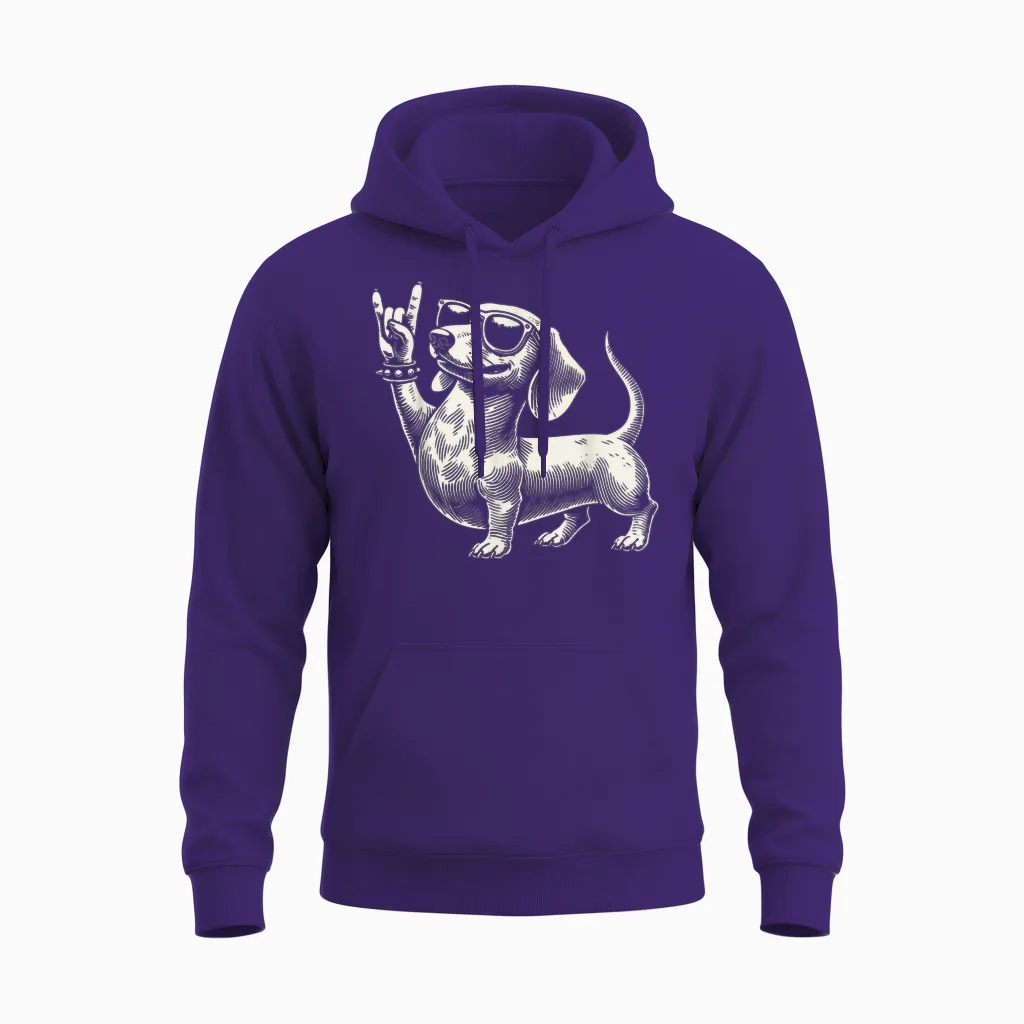 Rock Music Funny Heavy Metal Dachshund Festival T-Shirt, Black Unisex Hoodie in Purple