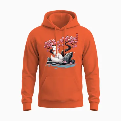 Japanese Kitsune Yokai White Fox Ghost Ukiyo E Sakura Unisex Hoodie - Orange