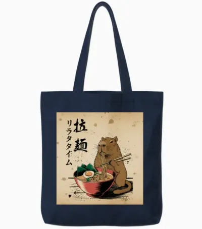 Capybara Ramen Time Art Tote Bags - Navy