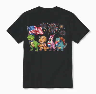 Patriotic Dinosaurs Fireworks T-Rex Triceratops 4th of July Unisex T-Shirt - Black