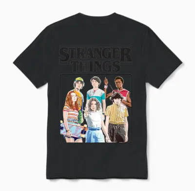 Stranger Things Vintage Eighties Retro Group Shot Title Logo Unisex T-Shirt - Black