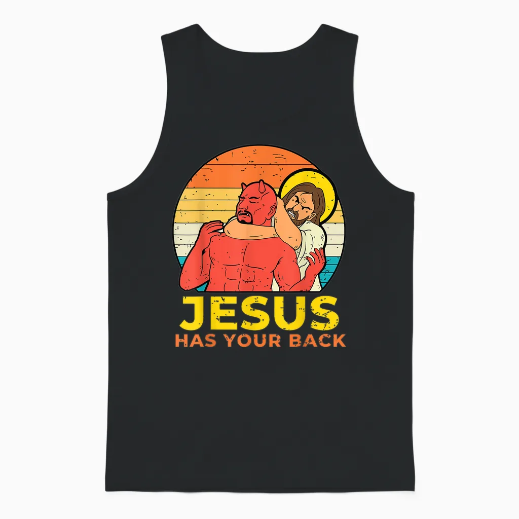 Jesus Has Your Back Jiu Jitsu Funny Gift Christian Retro Unisex Tank Top in Black