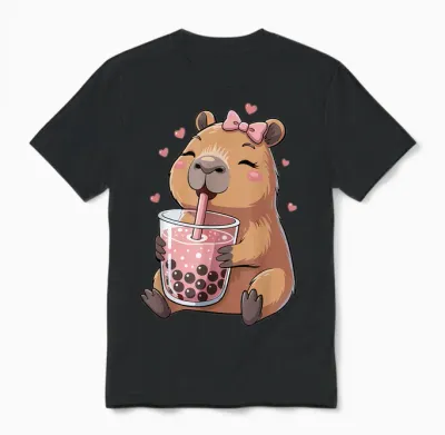 Cute Capybara Drinking Bubble Tea for Girls Capybara Unisex T-Shirt - Black