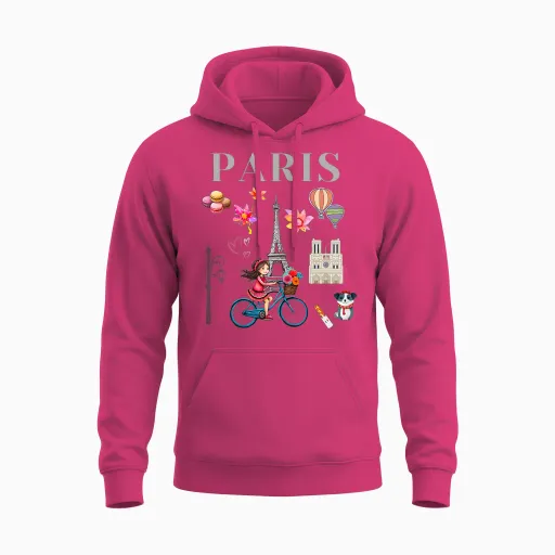Pretty Girl on a Bike in Paris, Eiffel Tower, French Souvenir T-Shirt, Black, Female X-Small Unisex Hoodie in Heliconia
