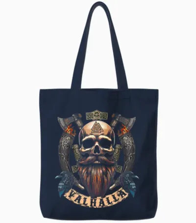 Skull Beard Valhalla Scroll - Viking Axe with Odins Raven Tote Bags - Navy