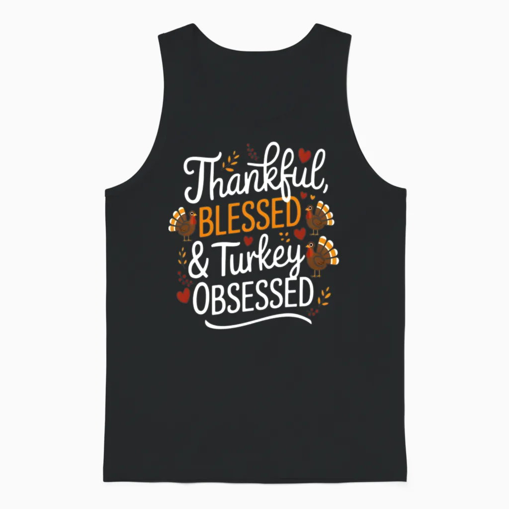 Funny Thanksgiving Thankful Blessed Unisex Tank Top in Black
