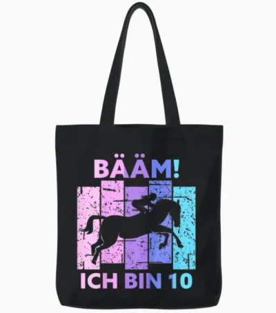 Children's 10th Birthday Girl Ten Years Old Horse Bäm! I Am 10 T-Shirt, Black Tote Bags - Black