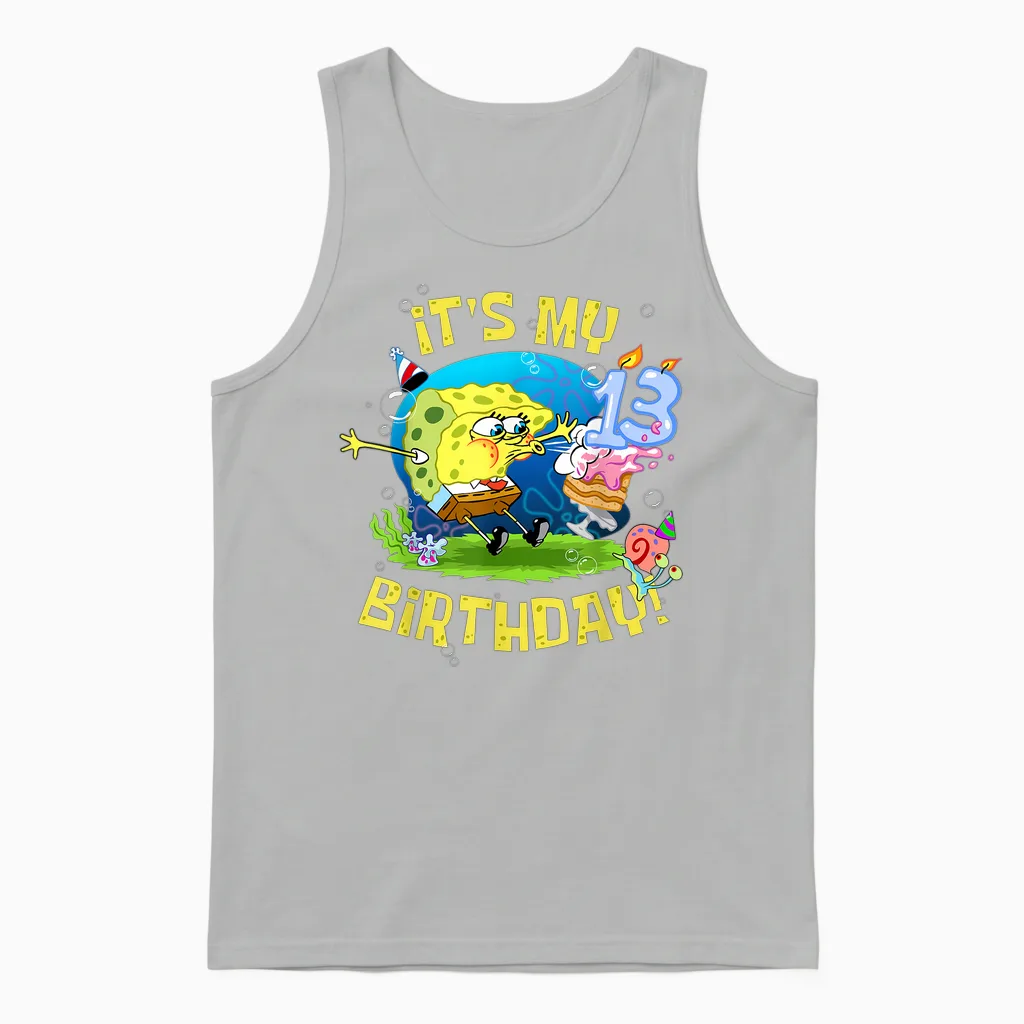 Spongebob It's My 13th Birthday Cake Kids Thirteen Spongebob Unisex Tank Top in Ash