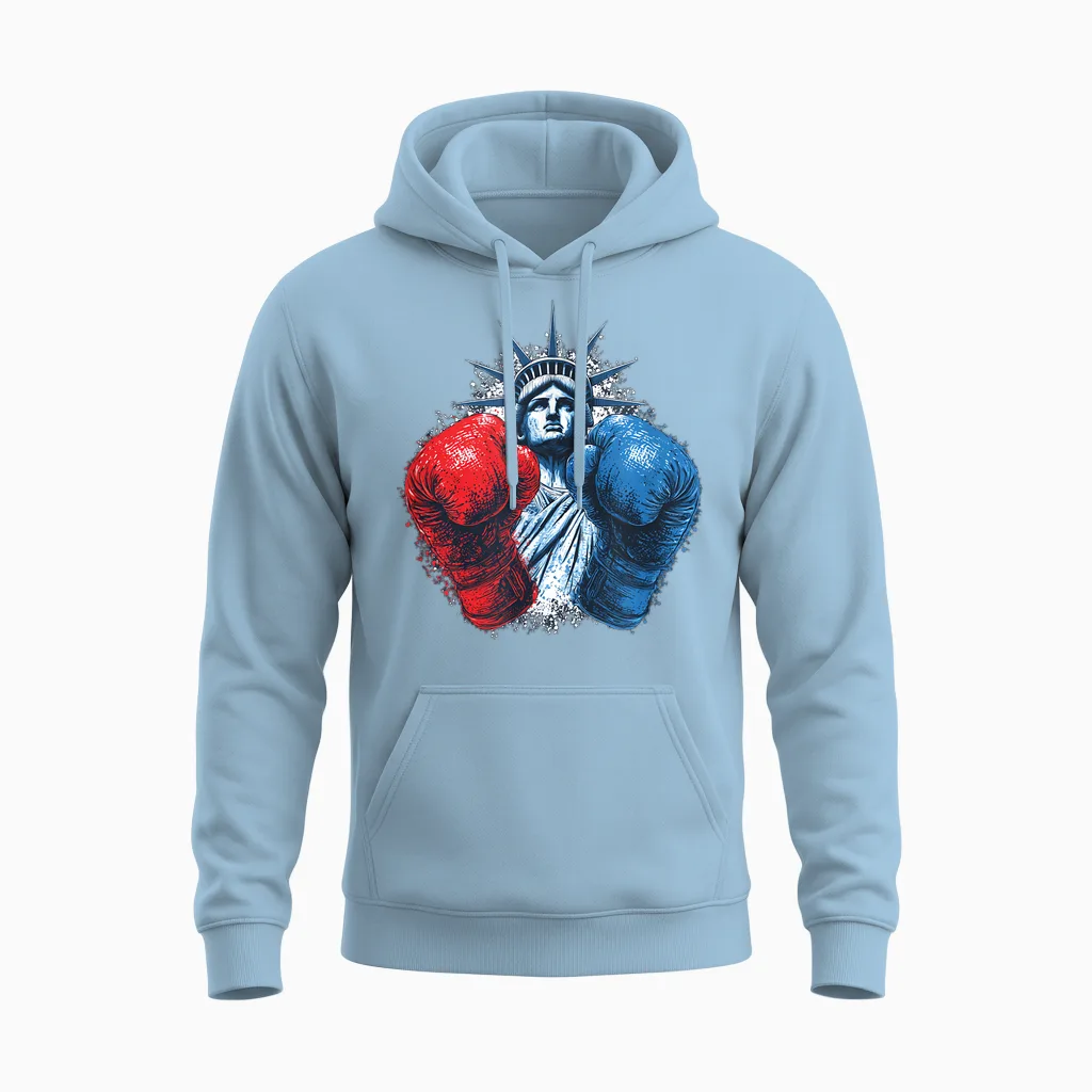 Usa Colors with Boxing Gloves and Statue of Liberty Costume Unisex Hoodie in Light Blue
