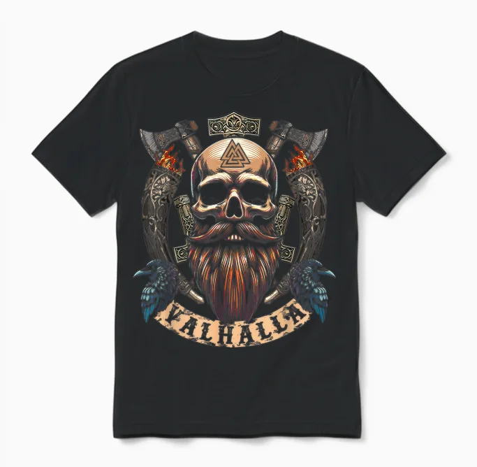 Skull Beard Valhalla Scroll - Viking Axe with Odins Raven Unisex T-Shirt in Black