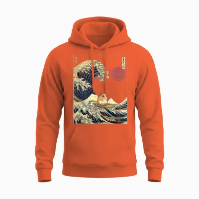 Hamster Kanagawa Wave Funny Surf Animal T-Shirt, Black Unisex Hoodie - Orange