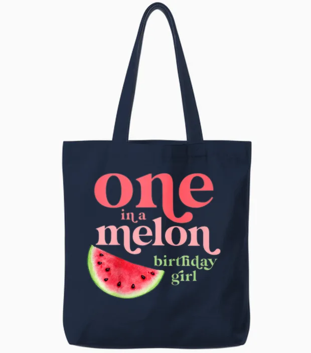 Children's One in a Melon Birthday Girl Baby 1st Watermelon First T-Shirt, Black Tote Bags in Navy