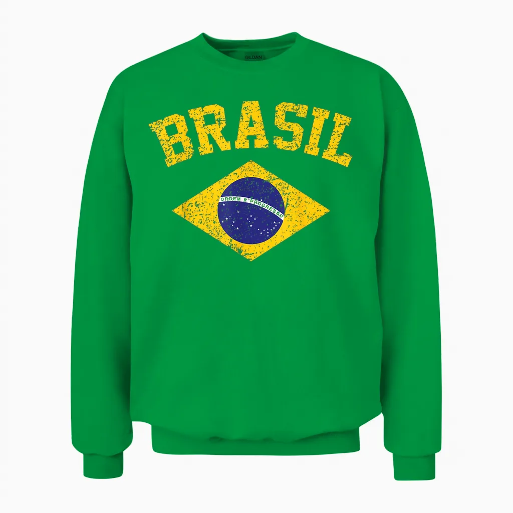 Brazilian National Flag Vintage Patriotic Football Brazil Unisex Sweatshirt in Irish Green