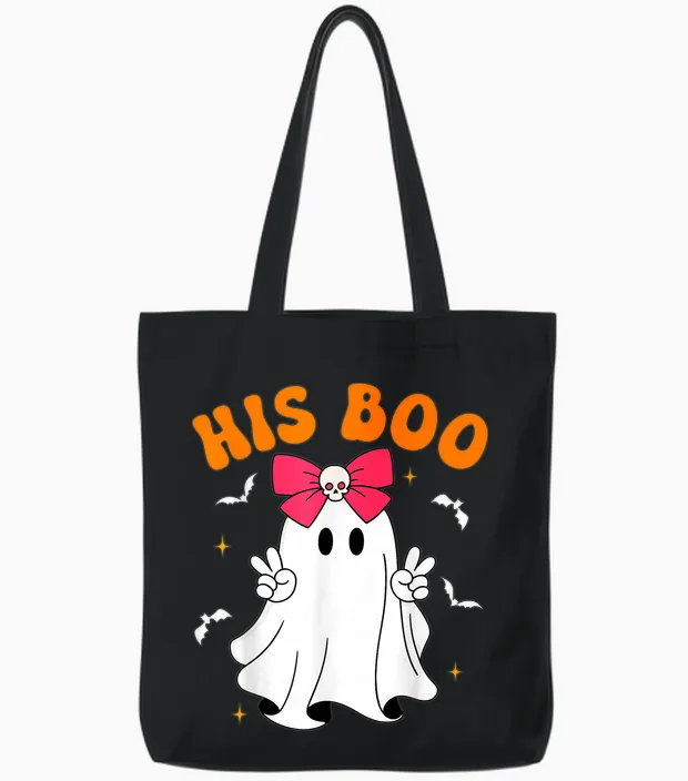 Her Boo & His Boo Funny Matching Halloween Couples Tote Bags in Black