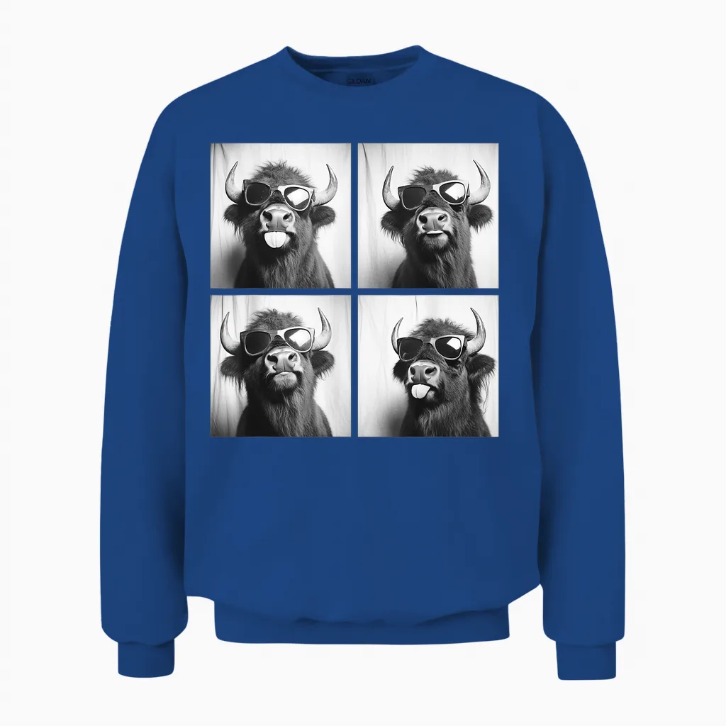 Funny Bison with Sunglasses Animal Pattern Humor Unisex Sweatshirt in Royal