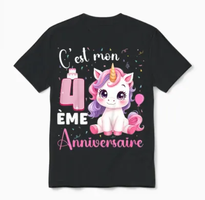 Enfant C'est Mon 4 ème Anniversaire Unicorn Birthday 4 Years T-Shirt, Black, 2 Unisex T-Shirt - Black