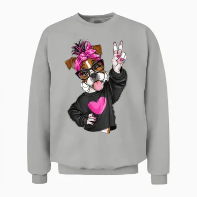 Cute Boxer Girl Lunettes Symbole Paix Chien Graphique Nœud Rose Unisex Sweatshirt - Ash