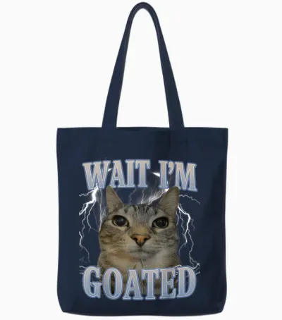 Wait I'm Goated Cat Silly Funny Cat Meme Men Women Graphic Tote Bags - Navy