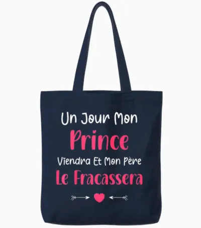 Kids Dad Funny Little Girl Un Jour Mon Prince Viendra Vient T-Shirt, Black Tote Bags - Navy