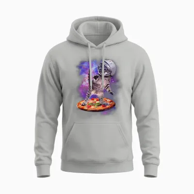 Funny Cat Flying a Pizza Astronaut Kitten Space Unisex Hoodie - Ash