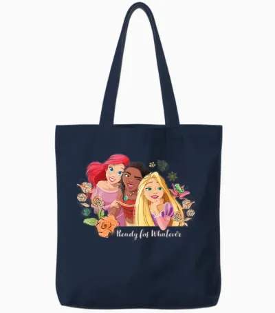 Disney Princess Ariel, Vaiana, Rapunzel Ready for Whatever T-Shirt, Gray Tote Bags - Navy