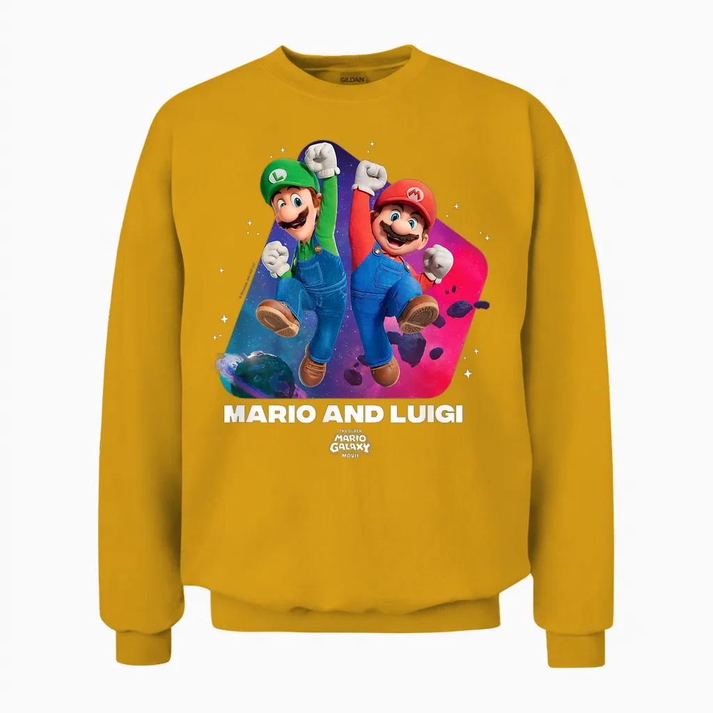 The Super Mario Galaxy Movie Mario & Luigi Jump Unisex Sweatshirt in Gold