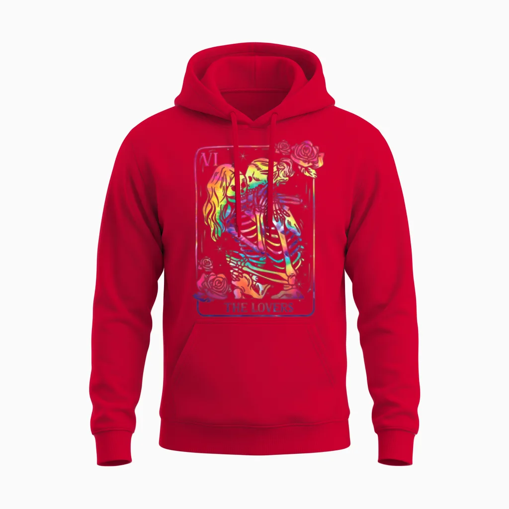 The Lovers Tarot Card Goth Tie Dye Kissing Lesbian Unisex Hoodie in Red