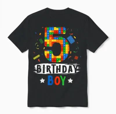 Birthday Boy Building Blocks 5 Years Old T-Shirt, Black Unisex T-Shirt - Black