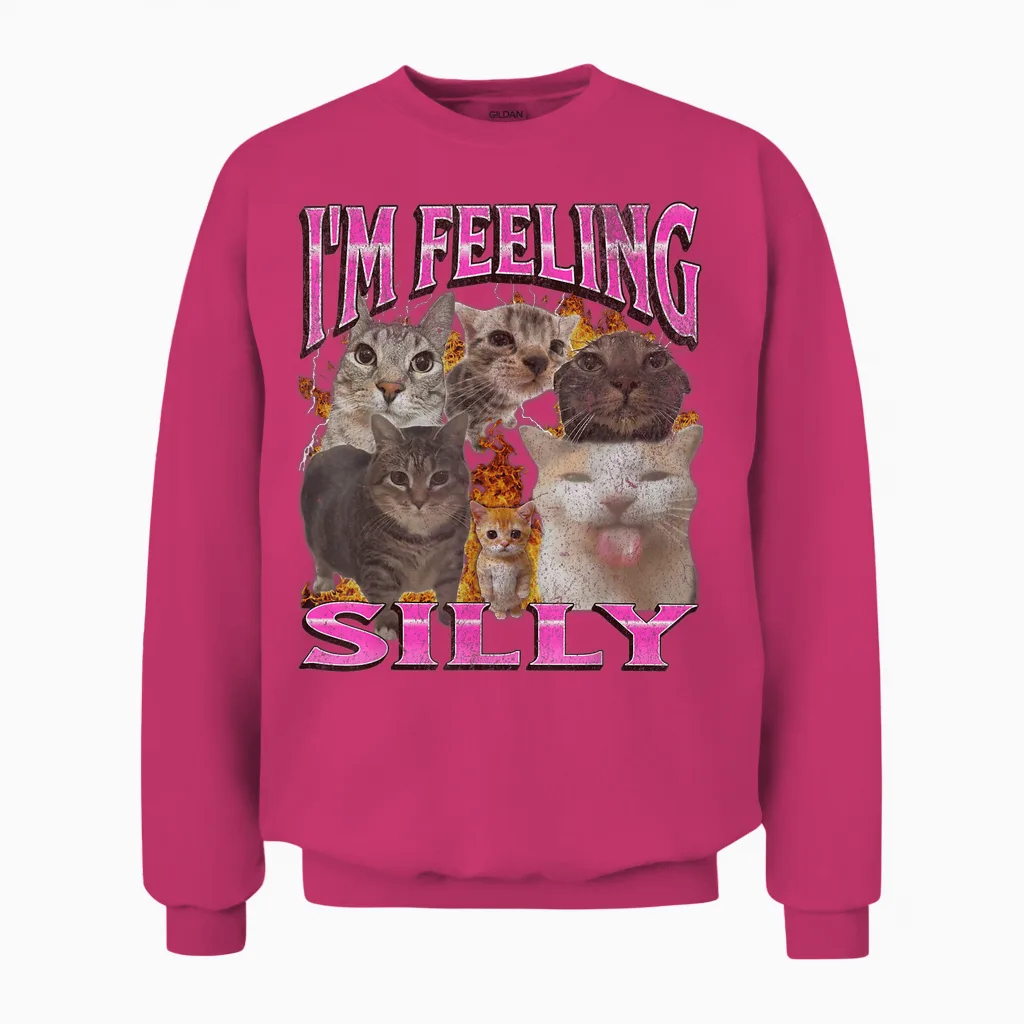I'm Feeling Silly Funny Cat Meme Bootleg Graphic T-Shirt, Black, S Unisex Sweatshirt in Heliconia