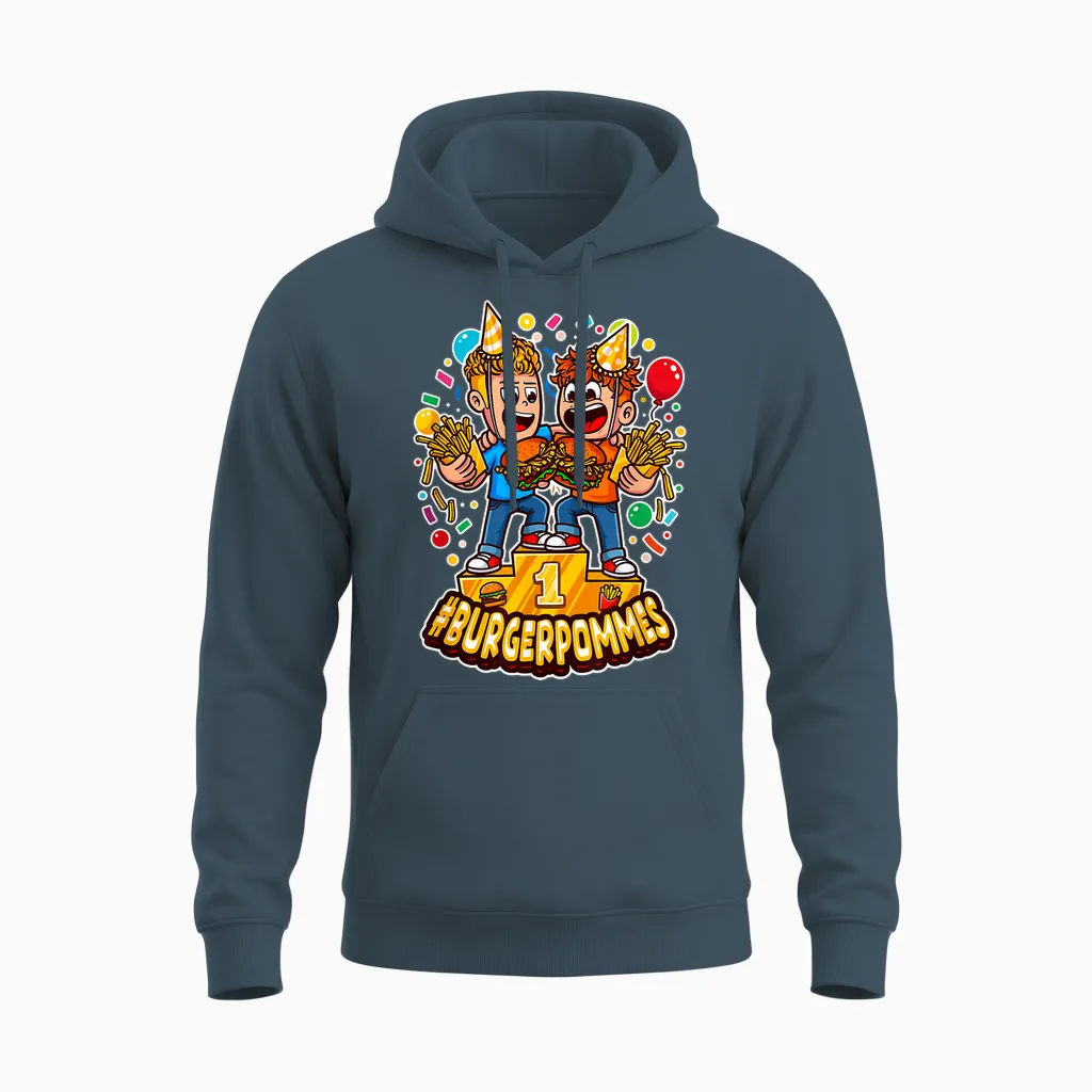 Cute Burger.pommes Cartoon Art Sieger Podest Foodie Unisex Hoodie in Dark Heather