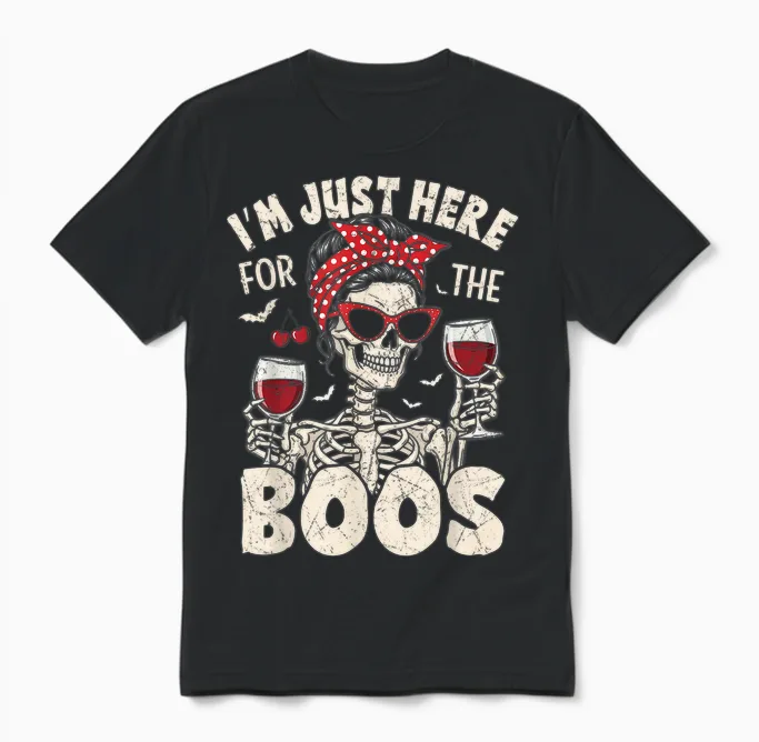 Women Halloween Funny I'm Just Here for the Boos Skeleton Unisex T-Shirt in Black