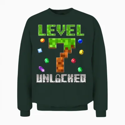 Birthday Boy Level 7 Unlocked 7th Birthday Game Pixel Unisex Sweatshirt - Forest