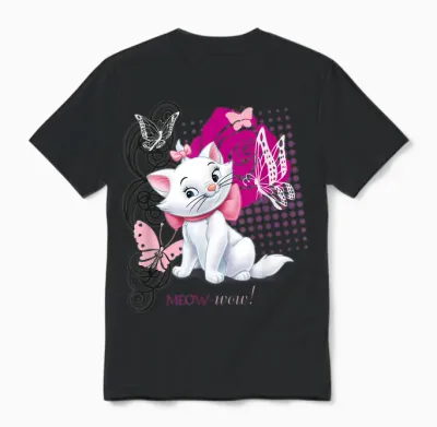 Aristocats Marie Meow Butterfly Cat T-Shirt, Black Unisex T-Shirt - Black