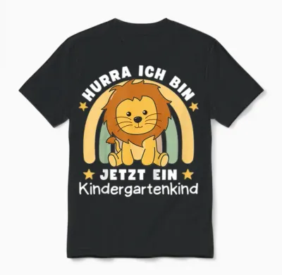 Children's T-Shirt with German Text "hurra Ich Bin Jetzt Ein Kindergartenkind Löwe", Black Unisex T-Shirt - Black