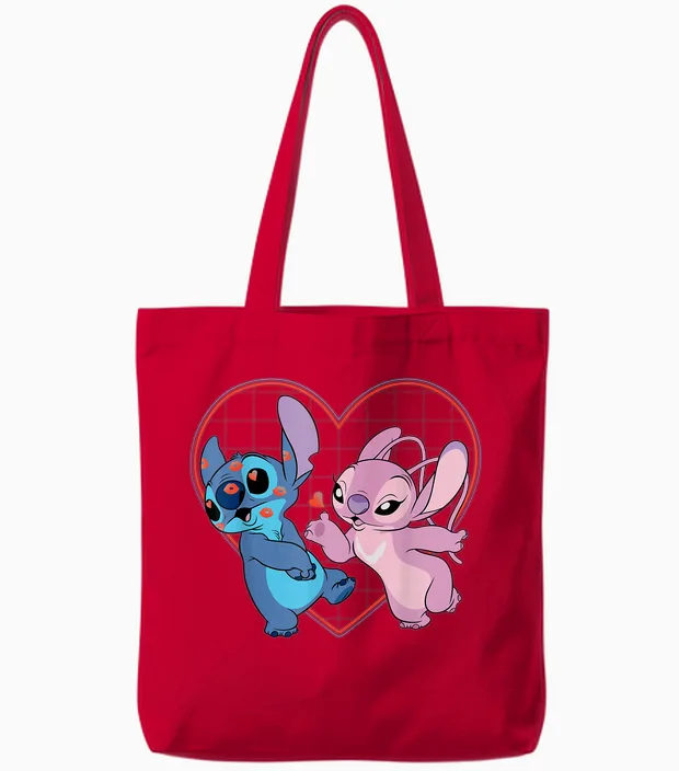 Disney Lilo and Stitch Angel Kisses Love T-Shirt, Black Tote Bags in Red