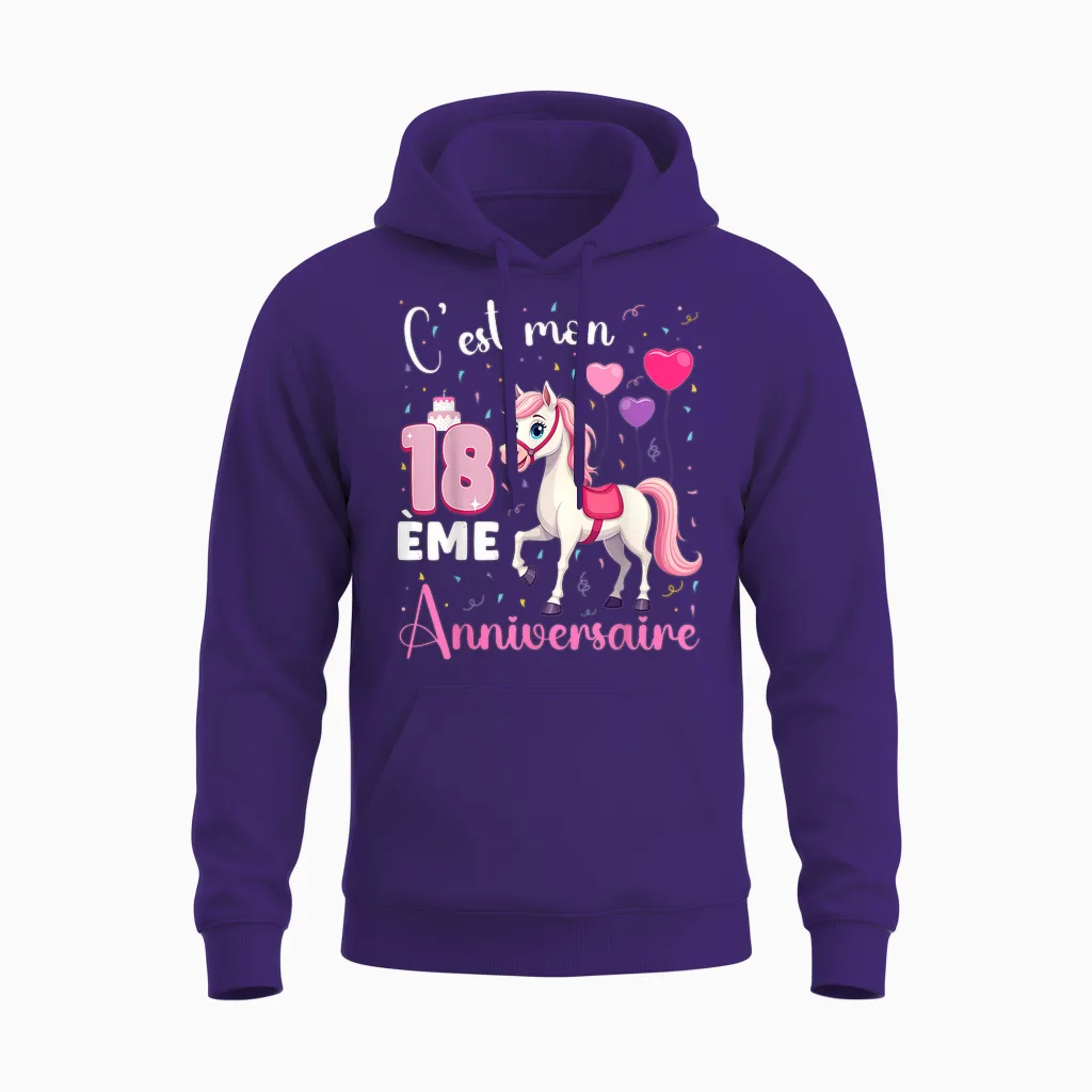 It's My 18th Birthday 18 Year Old Horse Riding Girl T-Shirt, Black, S Unisex Hoodie in Purple