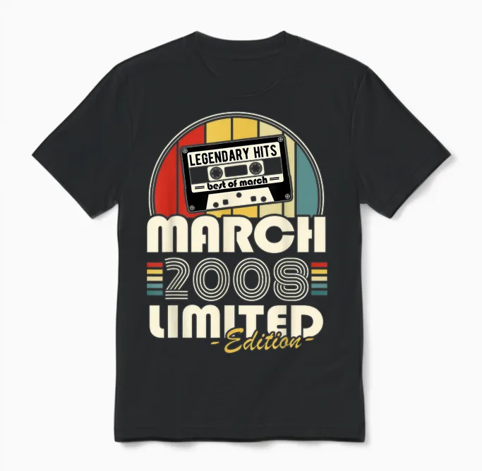 Vintage Birthday 18 Years Born in March 2008 Boys Girls Unisex T-Shirt in Black