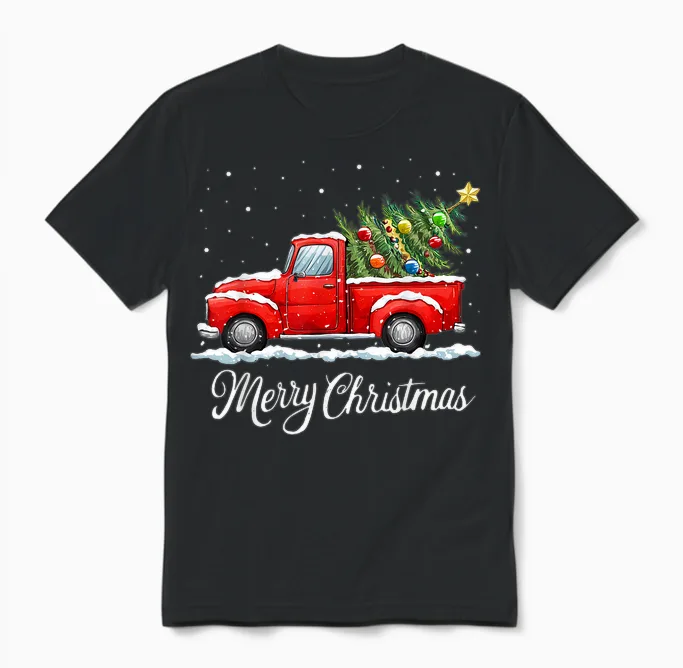 Vintage Merry Christmas Red Truck Old Fashioned Christmas Unisex T-Shirt in Black
