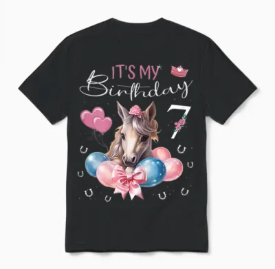 Birthday Shirt Horse Girl 7 Years - It's My Birthday T-Shirt, Black Unisex T-Shirt - Black