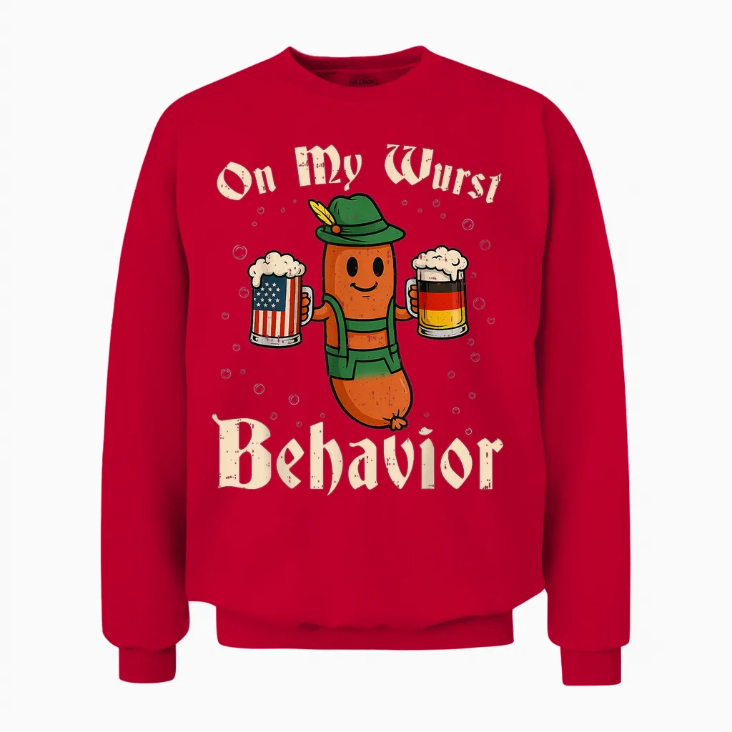 Oktoberfest on My Wurst Behavior Funny German Men Women Unisex Sweatshirt in Red
