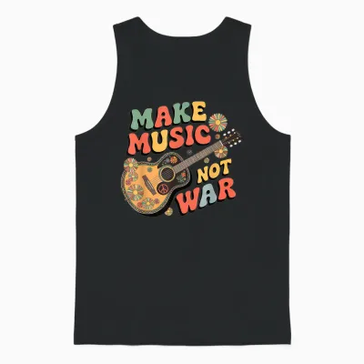 "make Music Not War" Retro Boho Gitarre Peace Symbol Groovy Unisex Tank Top - Black