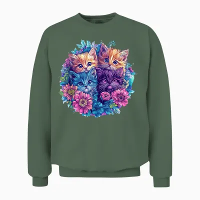 Chats Mignons Entourés De Fleurs Vibrantes Unisex Sweatshirt - Military Green