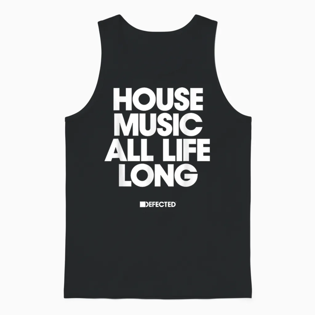 Defected House Music All Life Long White Text Unisex Tank Top in Black
