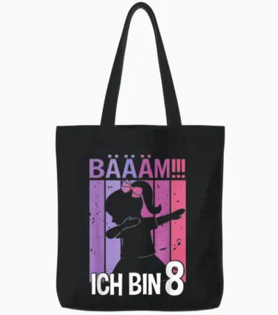 Girls' T-Shirt with German Text "tanzen Bääm Ich Bin 8 Jahre Dab" [german Tote Bags - Black